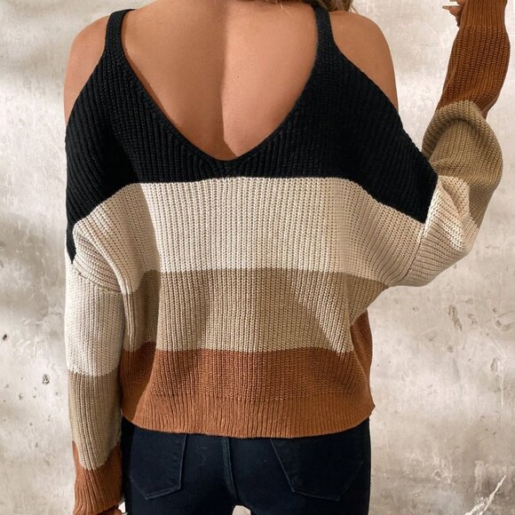 Multicolor Casual Women's Off Shoulder Striped Turtleneck Sweater - Picture 2 of 7